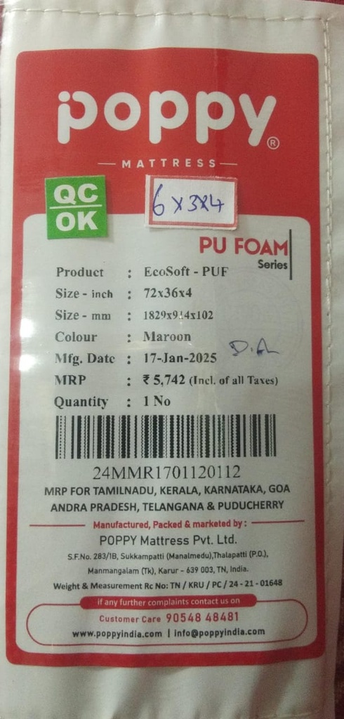 Mattress - PU Foam - 72'x36'x4" - Poppy - Eco Soft
