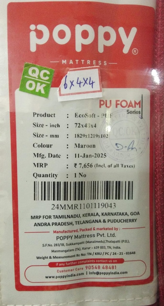 Mattress - PU Foam - 72'x48'x4" - Poppy - Eco Soft