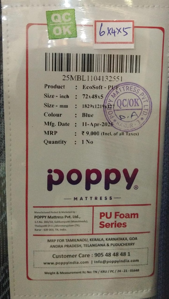 Mattress - PU Foam - 72'x48'x5" - Poppy - Eco Soft